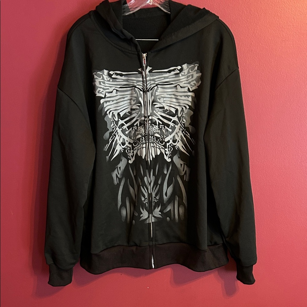 Women’s Black Zip Up Hoodie with Silver Skeleton Design